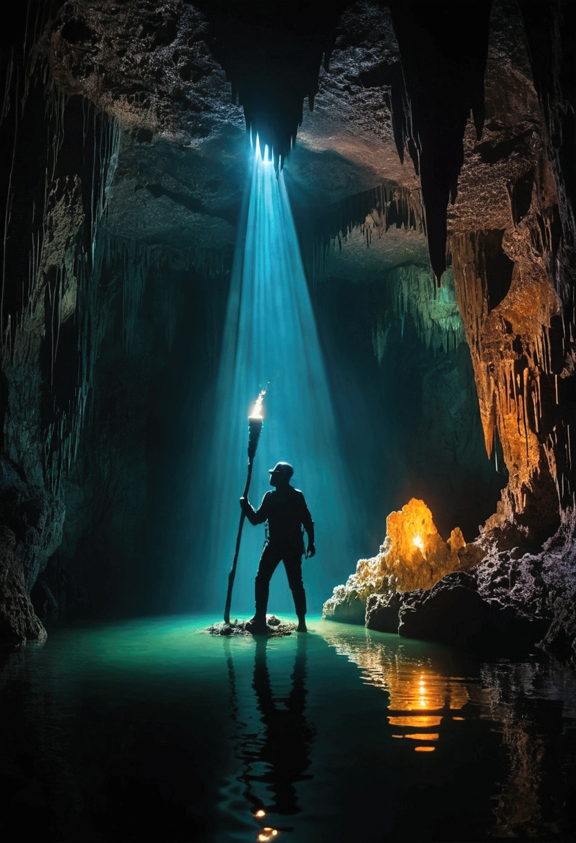 a huge underground cave where sunlight does not reach, many stalactites and stalagmites, dark environment, dim lighting, silhouette of a man with a torch in the center of the lake