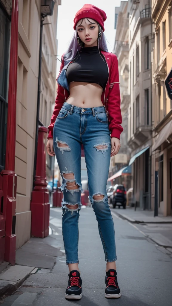 goth, alt, hot girl with long white hair and beanie, with headphones, red crop top, ripped jeans, skateboard, skater girl, grunge, sexy, pretty teen, tall, blue eyes, anime girl, tattoos, piercings