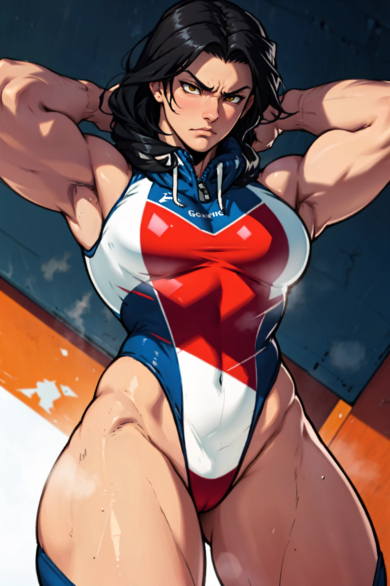 serious look sad empty eyes collant gymnast thick thick thick massive breasts muscular girl black hair yellow eyes pale skin