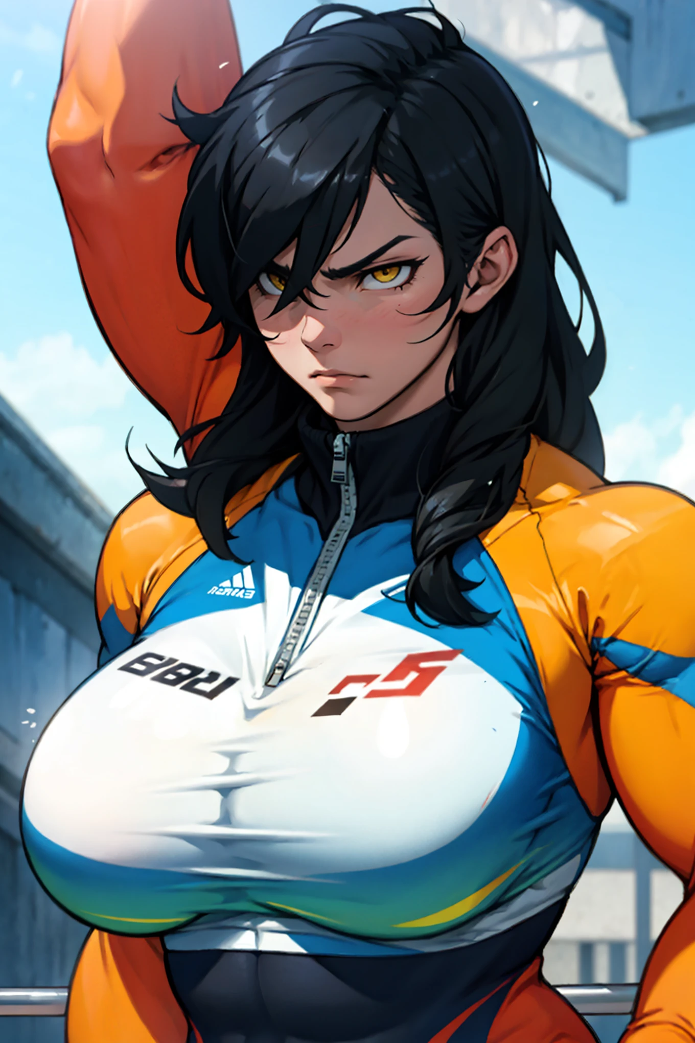 girl muscles large breasts black hair yellow eyes