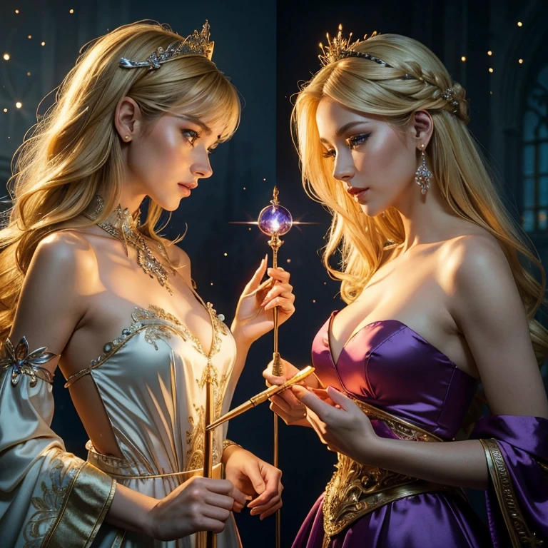 (​masterpiece, best quality:1.5), highest quality, High resolution, super detailed, Realists, Upper body photo of a blonde sorceress, detailed and beautiful eyes, beautiful detailed lips, very detailed eyes and face, longeyelashes, shiny satin dress, Holding a wand in your hand and performing a transformation spell, Magic wands present and shiny, Beautiful and colorful makeup, elegant and noble々The jewelry bag, Gardens as background, soft daylight, bright colors, fine brushstrokes, Portrait style, Silk dress fabric, beautiful color palette, glowing skin, First-class rendering, that captures every detail, enchanting atmosphere, subtle shadows and lights, (perfect anatomy:1.2), (The two stunning sorceresses perform magic together (a transformation with the magic wand:1.4), (magnificent panorama view:1.2)