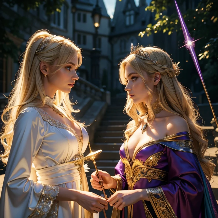 (masterpiece, best quality:1.5), highest quality, High resolution, super detailed, Realists, Upper body photo of a blonde sorceress, detailed and beautiful eyes, beautiful detailed lips, very detailed eyes and face, longeyelashes, shiny satin dress, Holding a wand in your hand and performing a transformation spell, Magic wands present and shiny, Beautiful and colorful makeup, elegant and noble々The jewelry bag, Gardens as background, soft daylight, bright colors, fine brushstrokes, Portrait style, Silk dress fabric, beautiful color palette, glowing skin, First-class rendering, that captures every detail, enchanting atmosphere, subtle shadows and lights, (perfect anatomy:1.2), (The two stunning sorceresses perform magic together (a transformation with the magic wand:1.4), (magnificent panorama view:1.2)