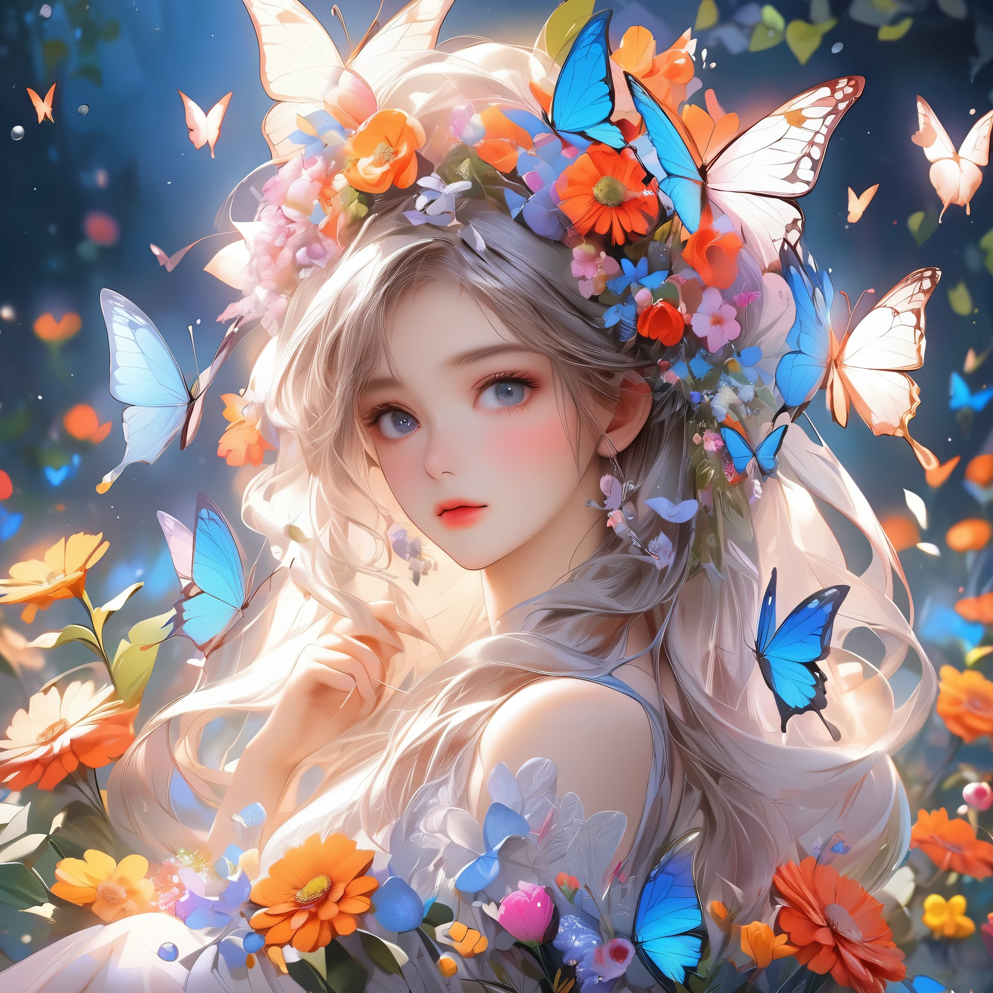 RAW Photos:1.2, masterpiece, highest quality, 16k, Unbelievably absurd, Very detailed, Perfect beauty, Beautiful cute girl, butterfly, Flowers, Vibrant colors, 