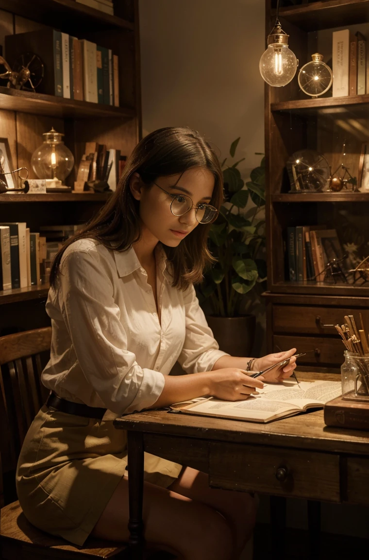 The image shows a young-looking person, representing the sign of Gemini, in an insect study and collection environment. The setting is a bedroom or office with a large bookshelf filled with entomology books and glass jars containing various insects..
The person is sitting on a wooden chair, leaning over a table full of entomology tools, like tweezers, magnifying glasses and collection boxes. There's a lit shop window next door, where some of the rarest and most exotic insects are on display, including some poisonous and scary looking ones.
on the wall, there are detailed insect diagrams and posters, indicating a deep interest in studying these creatures. The person's expression is one of fascination and concentration, reflecting the insatiable curiosity of Geminis. Some insects are loose in small terrariums around, Creating a living and dynamic environment.
The lighting is soft, with targeted lights to highlight the collections, creating an atmosphere of mystery and intrigue.