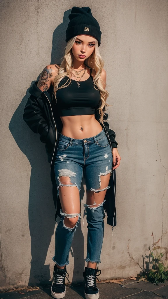 goth, alt, hot girl with long white hair and beanie, with headphones, red crop top, ripped jeans, skateboard, skater girl, grunge, sexy, pretty teen, tall, blue eyes, anime girl, tattoos, piercings