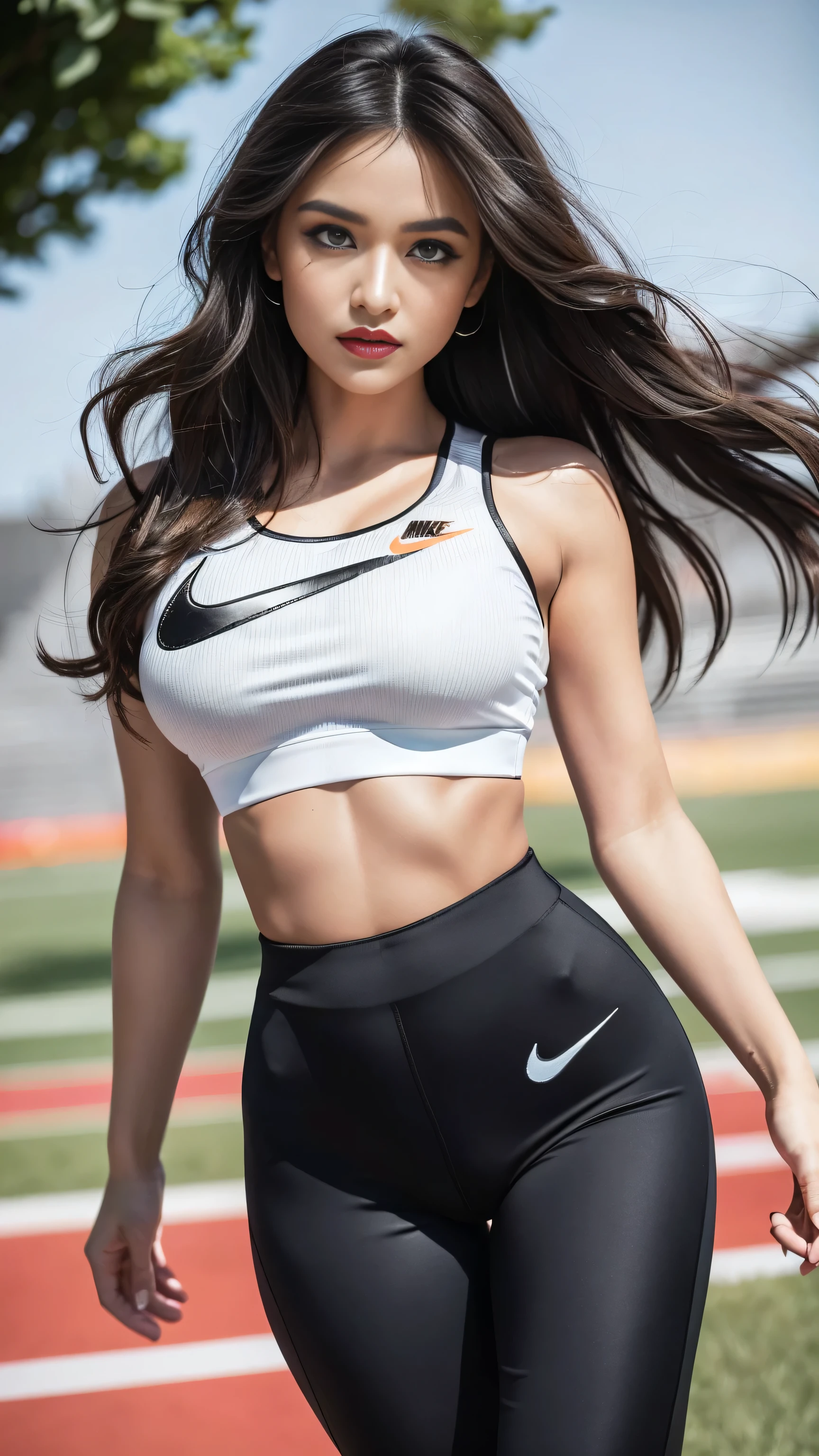 quality\(((ultra high resolution))), ((An improvement of the most absurd quality:1.2)), (((photorealistic Realism 16K Quality))), vivid colors, (vivid colors, multicolor ((white, orange, Red, black)) in her outfit:1.25), (ultra-fine digital art\), ((Realistic eyes clear, sharp, absurd quality, not blurry brown_eyes:1.3)), (super detailed professional makeup on eyes:1.3), (highest quality texture skin), (Highly quality texture hair), (curly hair, ((slicked to the two side)), intricately details:1.3), (perfect proportions), (narrow waist), medium ass, beautiful cheekbones,slim belly:1.2, ((slim-muscled body:1.32)), ((firm and full breasts)), ((super details beautiful face)), (pink_makeup:1.3), (blue_eyelashes, (glossy red_lipstick:1.21), (perfect dark_eyeshadows:1.45), (super detailed professional makeup on eyes:1.2), (droopy eyes:1.3), Dark Eyes, Thin eyebrows, Carefully draw eyelashes), Eyelash extensions, Gal Makeup, red teak, realistic dull skin noise, visible skin detail, BREAK,\ in (sport style([red: running epic pants])extremely details:1.3), and[black: sports crop top], heart, [yellow: footwear(sneakers)], (Wearing nike: [ultra smooth] tight fitting outfit:1.4), ((very dynamic photo [anatomically correct body, while running]:1.33)), official art, Professional, Ultra intricate detailed, 8k, (light pale complexion), ((upper body shot)), ((in the stadion Grass)), 