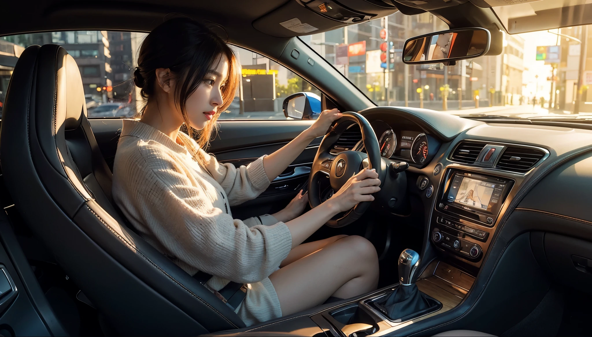 (hyper realistic photography) (Ultra-detailed CG) photo of a Japanese girl drive a sleek and sophisticated sports car, her expression alive with adrenaline as she grips the steering wheel tightly. The scene captures the essence of urban magic hour, with dramatic golden sunlight illuminating the detailed interior and dashboard of the car. As she navigates the city streets, the sunset casts a warm glow, adding to the intensity of the moment. hands & fingers anatomically correct