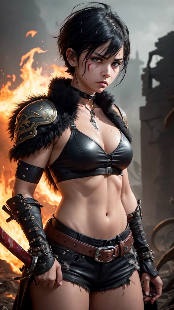 Fierce warrior woman with intense, defiant gaze. Short black hair frames her face, bangs cut straight across her forehead. Her expression is stern, with a splash of blood on her cheek suggesting recent combat. She wears a black cropped top with a plunging neckline, laced up the front. A dramatic fur-lined coat drapes her shoulders – one side black, the other white – secured with ornate metal clasps. Red leather arm wraps extend from her wrists to above her elbows. A wide leather belt with a prominent skull buckle sits low on her hips, holding up tattered black shorts. A katana hilt is visible over her shoulder, its wrapped handle weathered from use. The background is turbulent, with swirling clouds and flecks of fiery embers, creating a sense of chaos and danger. This image portrays a formidable, battle-hardened character, blending elements of fantasy and post-apocalyptic aesthetics with a touch of punk attitude.