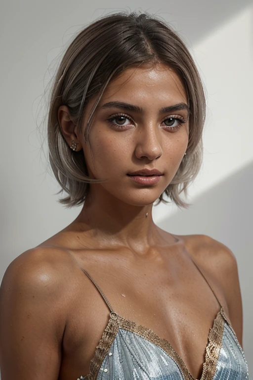 Portrait of a beautiful Turkish ager, sherezade, intricate dress, soft smile, huge natural lips, silver white short hair, intense petrol blue eyes, straight nose, piel Bronce color, neckline, Realism, Digital paint, Conceptual art, seeds, sharp focus, rule of thirds, Psycho-Style. delicate skin, delicate face, real, realistic, 1 girl, by white, Blue background, Upper part of the body, ((very tanned skin / Bronce color )), (((bronze skin))), (((by white))) ((grey hair))