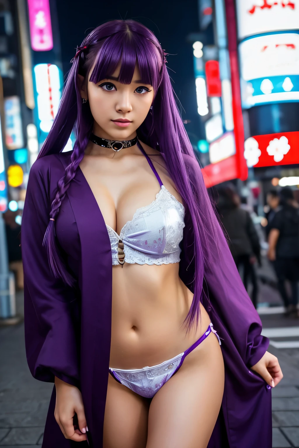 1girl, blunt bangs, braid, wide sleeves, hair ornament, japanese clothes, red obi, (purple hair:1.2), very long hair, straight hair, looking at viewer, highly detailed background, (photo realistic:1.2), detailed eyes, red eyeshadow, depth of field，thigh, (ulzzang-6500:0.7), upper body, (solo:1.2), (cyberpunk city:1.1), cleavage, (finger on lips:1.1),Shiny skin