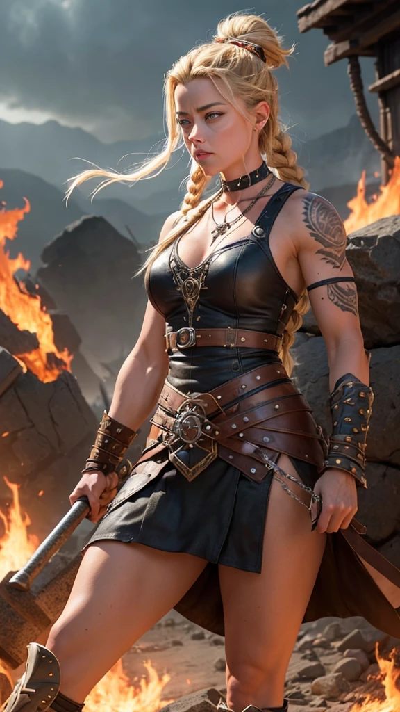 ((Amber Heard)) A fierce Viking warrior woman stands battle-ready amidst a smoky, fire-lit battlefield. Her blonde hair is styled in a top knot with long braids framing her face. Intense blue eyes and a geometric tattoo on her forehead convey unwavering determination. Intricate tribal tattoos adorn her muscular arms and torso. She wears a fur-trimmed leather top and skirt, reinforced with metal studs. Multiple necklaces hang from her neck, featuring a prominent circular pendant. In her hand, she grips a formidable war hammer, its handle wrapped in leather, ready to strike. The background is chaotic: smoke billows, embers float, and flames flicker, suggesting an ongoing battle. Rocky terrain and indistinct shapes hint at fallen enemies or destroyed structures. Her stance and expression exude confidence and ferocity. This image captures the essence of a powerful, battle-hardened Norse warrior, combining historical elements with a touch of fantasy, ready to face any challenge in a world of conflict and conquest.