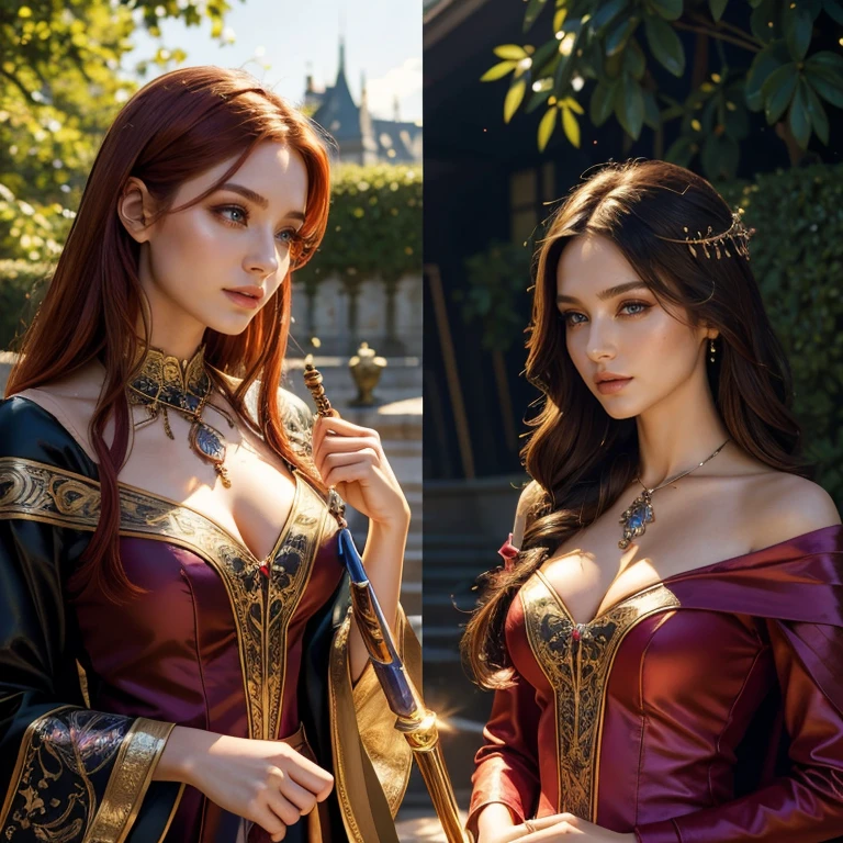 (​masterpiece, best quality:1.5), highest quality, High resolution, super detailed, Realists, Upper body photo of a sorceress, red hair, detailed and beautiful eyes, beautiful detailed lips, very detailed eyes and face, longeyelashes, shiny satin dress, Holding a wand in your hand and performing a transformation spell, Magic wands present and shiny, Beautiful and colorful makeup, elegant and noble々The jewelry bag, Gardens as background, soft daylight, bright colors, fine brushstrokes, Portrait style, Silk dress fabric, beautiful color palette, glowing skin, First-class rendering, that captures every detail, enchanting atmosphere, subtle shadows and lights, (perfect anatomy:1.2), (The two stunning sorceresses perform magic together (a transformation with the magic wand:1.4), (magnificent panorama view:1.2)