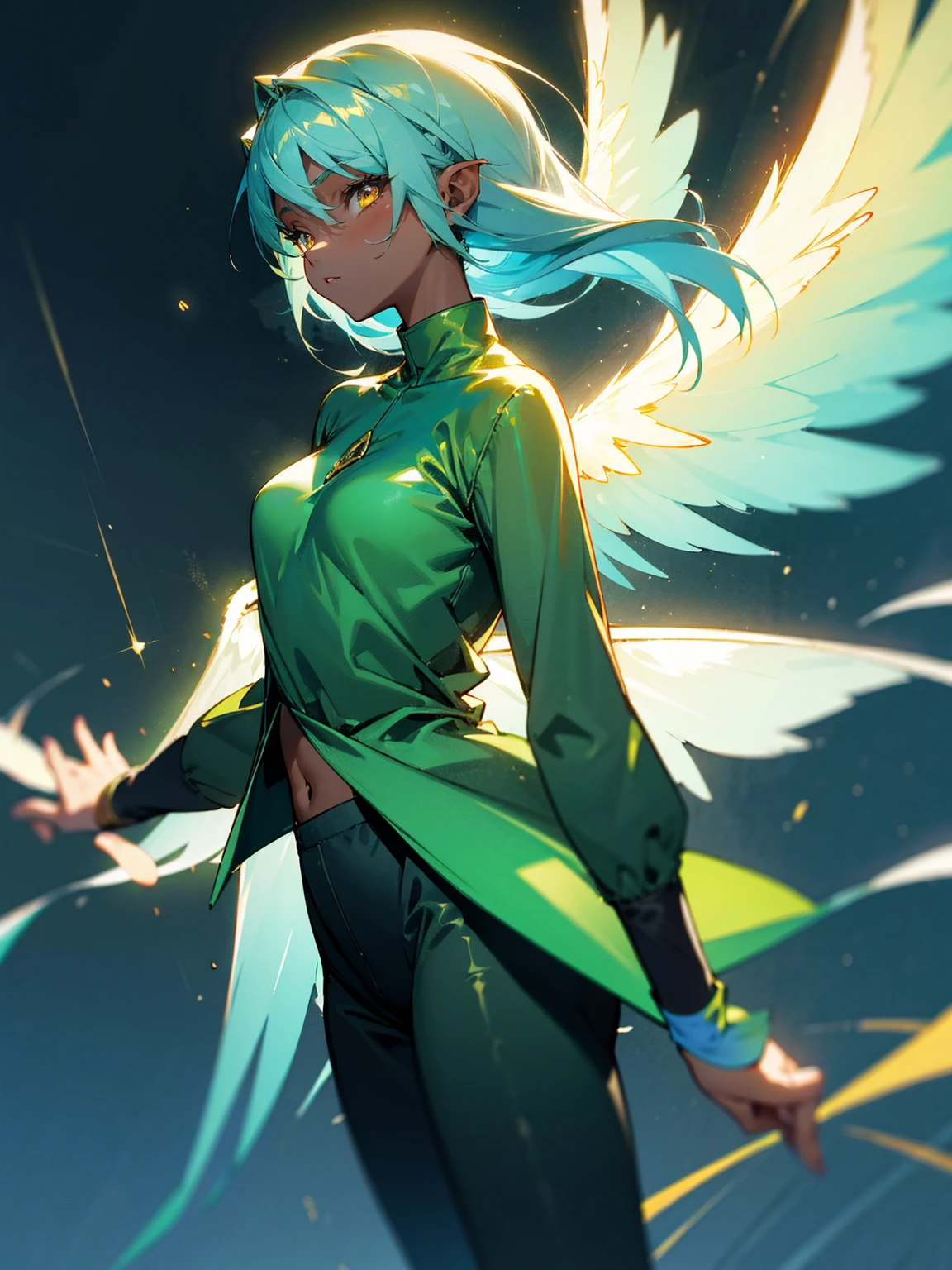 1female, young, fairy wings, azure hair, dark skin, angel wings, green dress, black sweatpants, gold eyes, confident