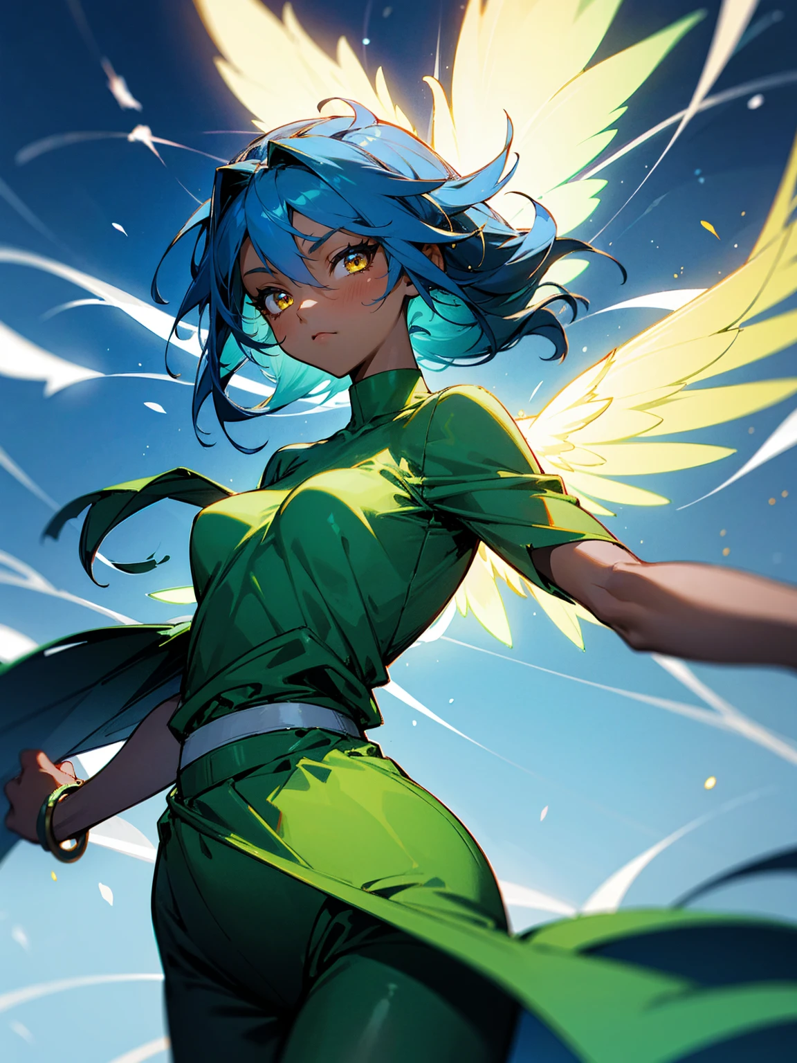 1female, young, fairy wings, azure hair, dark skin, angel wings, green dress, black sweatpants, gold eyes, confident
