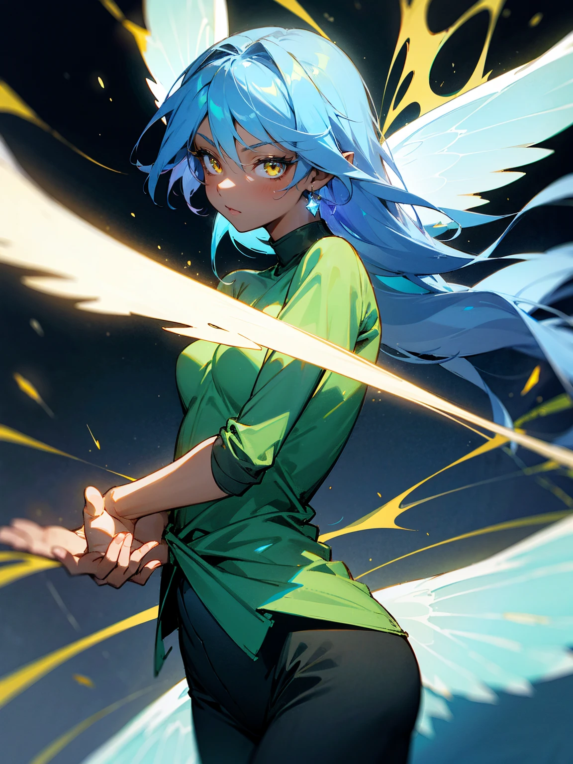 1female, young, fairy wings, azure hair, dark skin, angel wings, green dress, black sweatpants, gold eyes, confident