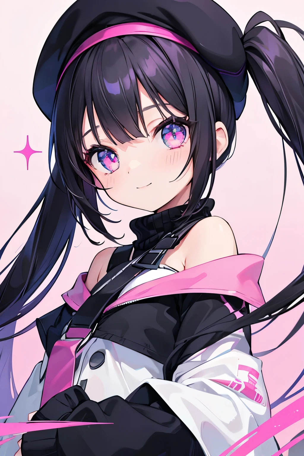 One girl, solo, Gaze, Black Hair, Pink eyes, Twin tails, beret, Abstract painting, Highest quality, Simple Background, smile, Sparkling eyes, Stars in the Sky, expression, Gradient eyes, Sparkling eyes,