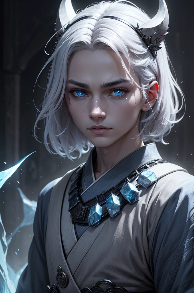 I want a man with white skin, with eyes covered in a demonic blue aura, I want him to have a hateful expression and dark, firm brown eyes, and a blue demonic aura with a trace of ice on his skin that surrounds his entire being, This man has two white horns that are embedded in blue flames and will have short brown hair and will wear a silver chain around his neck., pink lips with small traces of ice, will wear a gray and blue kimono with radiant white crystals, appear to be at least 20 years old. captured in an ultra-realistic full HD 4K portrait, detailed texture showing its menacing shape, Immersive atmosphere, high definition shadow play, digitalpainting, nevoa no environment. I want a different monster from each other and make the image darker, obscure, creating a dark and dimly lit horror atmosphere!
