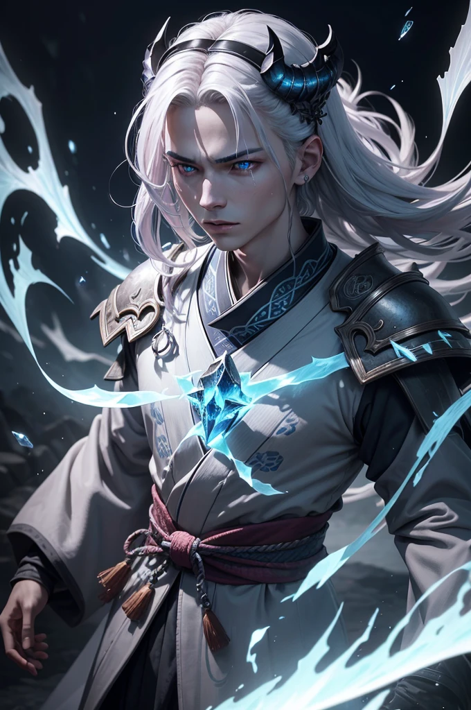 I want a man with white skin, with eyes covered in a demonic blue aura, I want him to have a hateful expression and dark, firm brown eyes, and a blue demonic aura with a trace of ice on his skin that surrounds his entire being, This man has two white horns that are embedded in blue flames and will have short brown hair and will wear a silver chain around his neck., pink lips with small traces of ice, will wear a gray and blue kimono with radiant white crystals, appear to be at least 20 years old. captured in an ultra-realistic full HD 4K portrait, detailed texture showing its menacing shape, Immersive atmosphere, high definition shadow play, digitalpainting, nevoa no environment. I want a different monster from each other and make the image darker, obscure, creating a dark and dimly lit horror atmosphere!