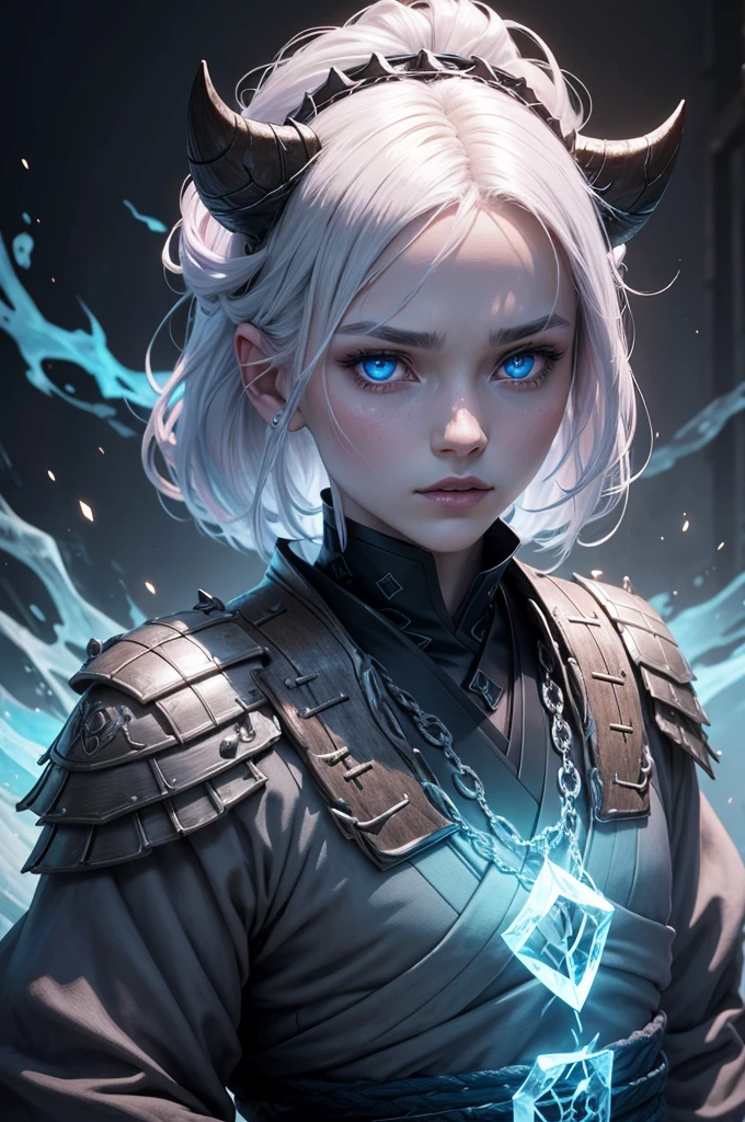I want a man with white skin, with eyes covered in a demonic blue aura, I want him to have a hateful expression and dark, firm brown eyes, and a blue demonic aura with a trace of ice on his skin that surrounds his entire being, This man has two white horns that are embedded in blue flames and will have short brown hair and will wear a silver chain around his neck., pink lips with small traces of ice, will wear a gray and blue kimono with radiant white crystals, appear to be at least 20 years old. captured in an ultra-realistic full HD 4K portrait, detailed texture showing its menacing shape, Immersive atmosphere, high definition shadow play, digitalpainting, nevoa no environment. I want a different monster from each other and make the image darker, obscure, creating a dark and dimly lit horror atmosphere!