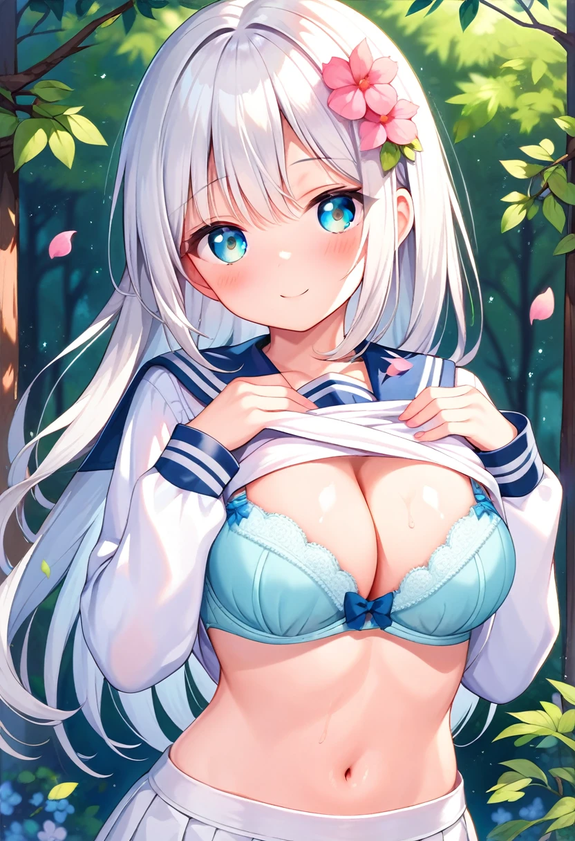 1girl,high quality,forest,night sky,flower,falling petals,(white hair),long,hair,serafuku,white serafuku,((aqua bra)),((bow bra)),((shirt lift)),blush,standing,flower ornament,seductive smile,((cleavage)),spoken heart,long sleeves,(large breasts),cowboy shot,
