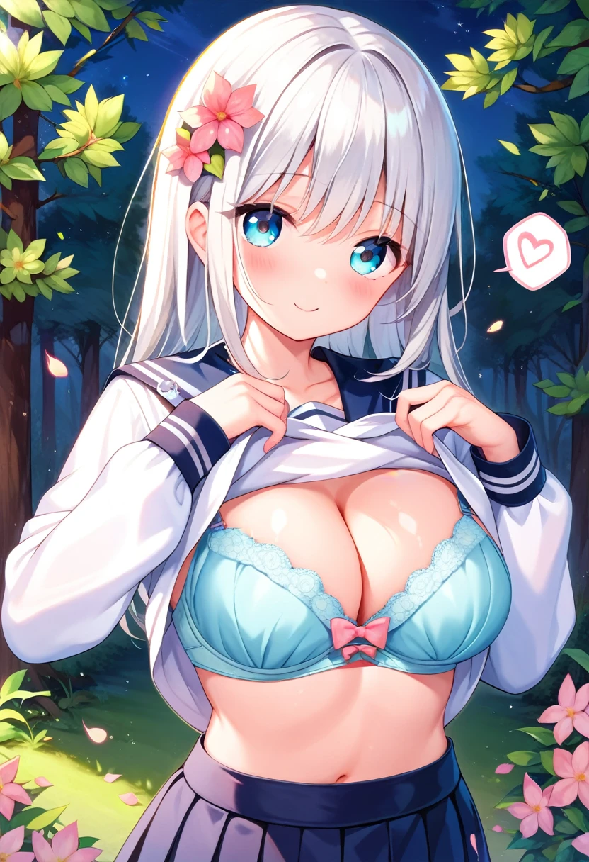 1girl,high quality,forest,night sky,flower,falling petals,(white hair),long,hair,serafuku,white serafuku,((aqua bra)),((bow bra)),((shirt lift)),blush,standing,flower ornament,seductive smile,((cleavage)),spoken heart,long sleeves,(large breasts),cowboy shot,