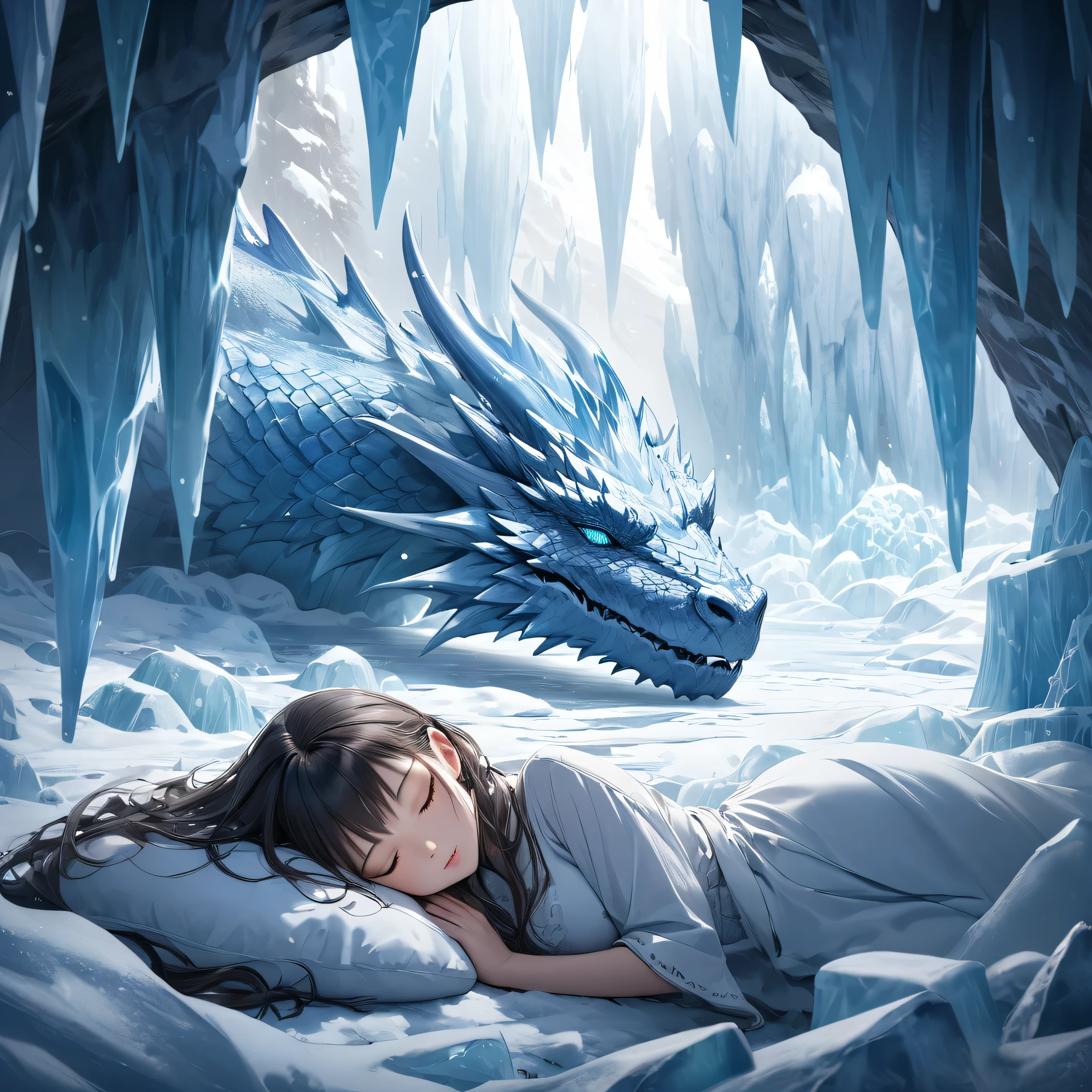 (extreme long shot, side view), BREAK, A frost dragon with 2 wings sleeping in an ice cave, lying down, (((curled to sleep))), eyes closed, ice pillars in the foreground, BREAK, mystical creature, realistic, ultra detailed, moonlit through the ice,