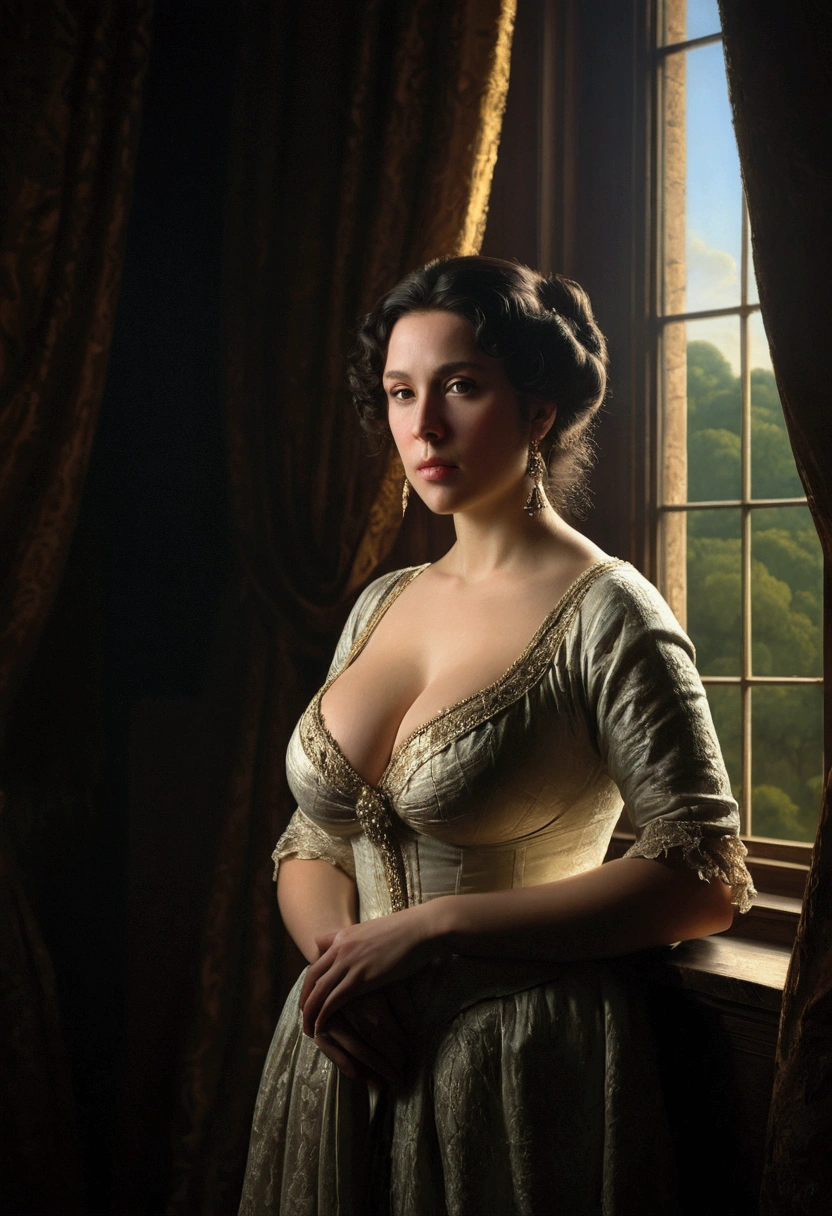 a portrait of a beautiful noblewoman with dark hair and huge breasts in an opulent chamber, chiaroscuro, window, landscape in background, detailed, 8k, sharp focus, masterpiece oil painting, painted by joseph wright of derby, by Ilya Repin