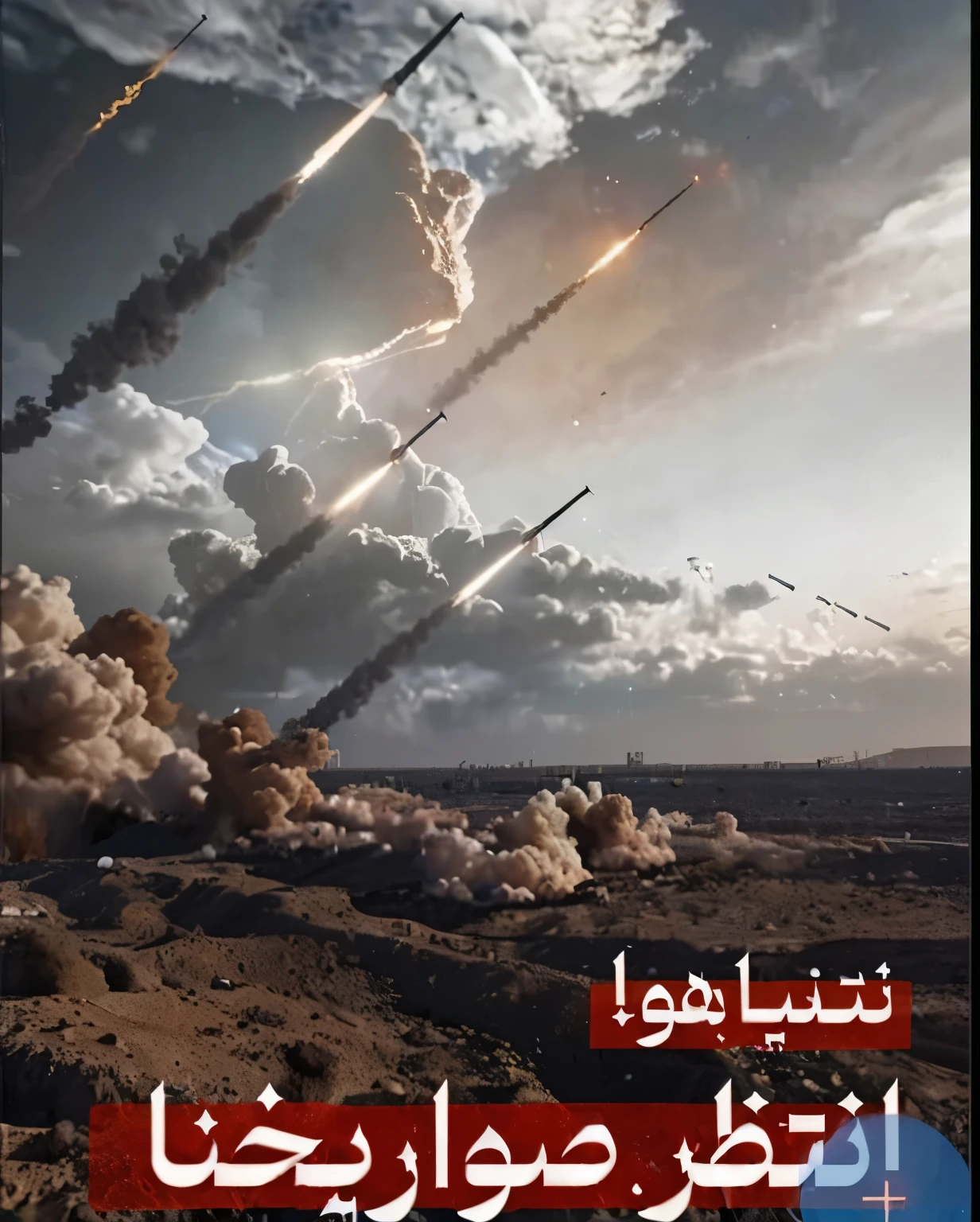 Firing a large number of missiles from Iran to Tel Aviv, the angle of view from above, the surface of the ground is clear and the missiles are at the same level as the camera and a little further.