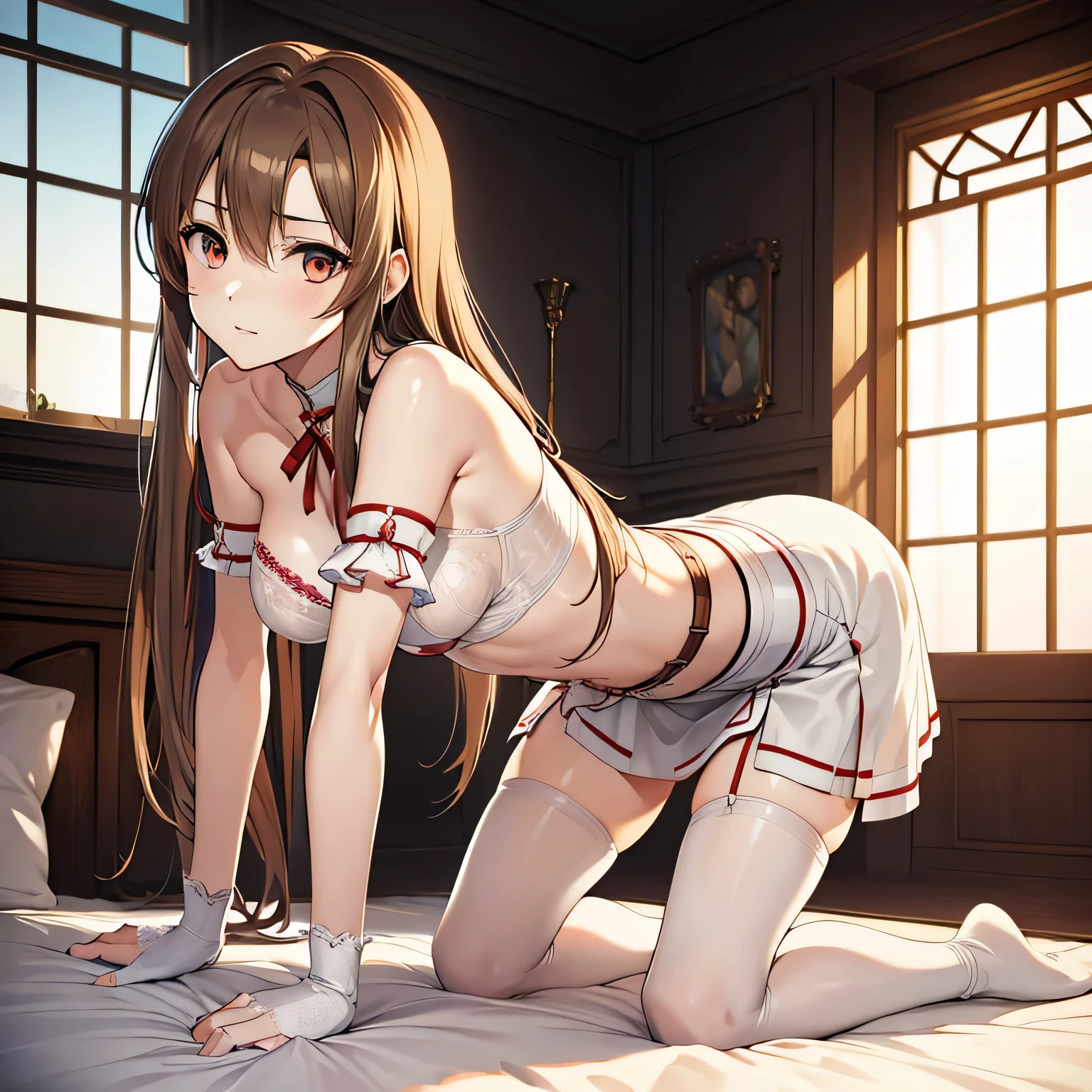 Asuna、Sword Art Online、JK Packing、one horsetail, Yuuki Asuna, high quality, 8k, master piece, {{{{table top}}}}, {{{very detailed}}}, {{{High resolution}}}, {{excellent anatomy}}, (((最high quality))), ((very delicate and beautiful)), {{very detailed and delicate}}, {8K CG壁紙}, {{figure}}, ray tracing, sleeveless dress, cheongsam dress tunic suit, pelvic curtain, high slit dress, Asuna,white lace panties, dress lift,NSFW, panty shot,Panty shot on the bed,kneel down, camel toe, female masturbation, grab crotch, cum in ass, Pink steam, spread your pussy, pubic hair,