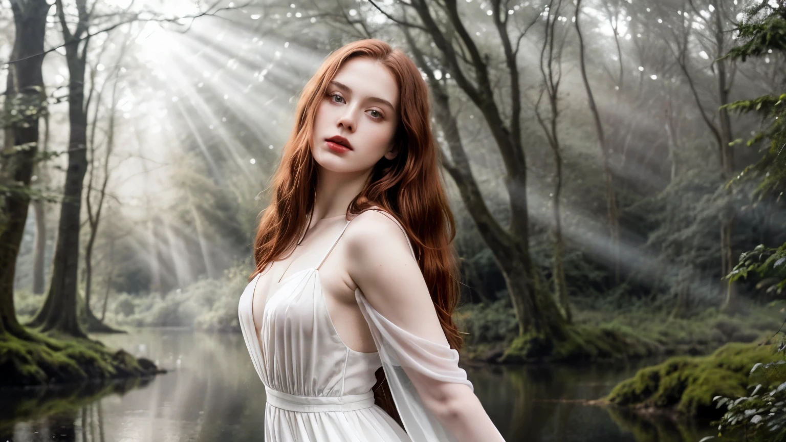 Raw photo:16.9), (Photorealistic), Beautiful detailed girl, Very detailed eyes and face, Beautiful detailed eyes, Huge file size, High resolution, Very detailed, Best Quality, [masutepiece:1.6], Illustration, Very detailed, Fine detail, Best Quality, 32K Wallpaper, art photo, intricate details, low tone, in a woods, misty lake, spooky atmosphere, dark theme, morning mist, light rays, bokeh background, ung girl, pale skin, red lips, lookin away, Perfect body shape, medium natural breast, long red hair, gothic style, (sexy white dress, high cuts on the sides, sexy pose, dynamic pose, erotic body, full body, photo from below