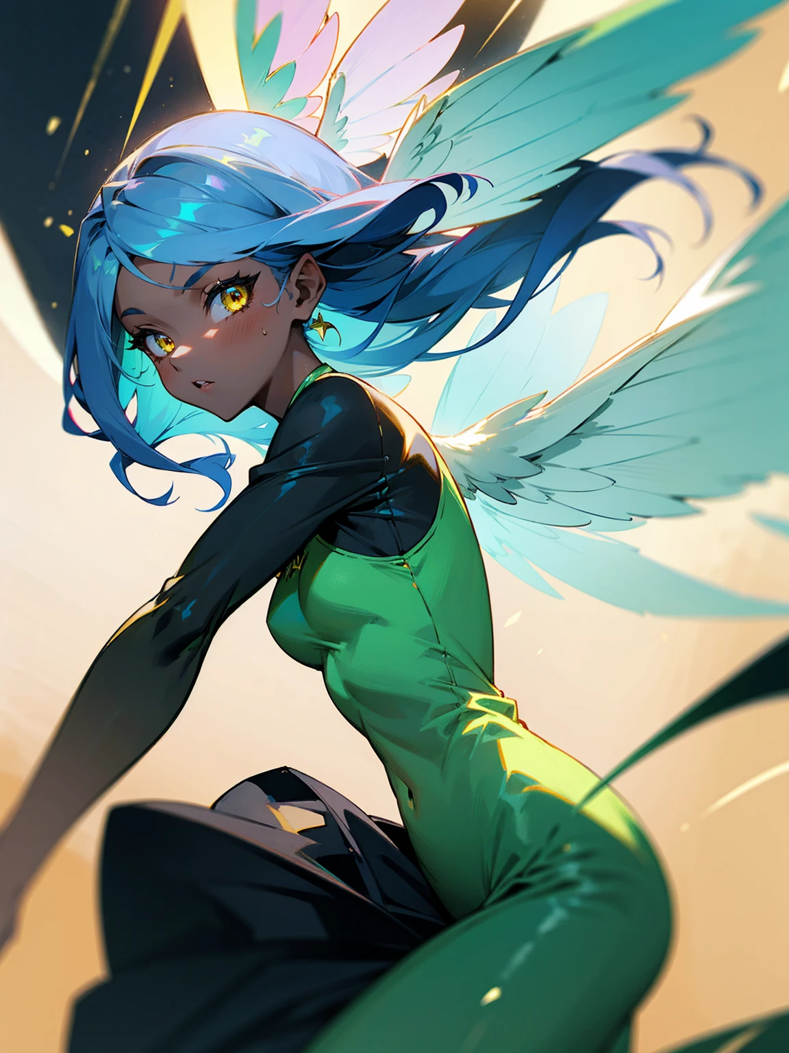 1female, young, fairy wings, azure hair, dark skin, angel wings, green dress, black sweatpants, gold eyes, confident