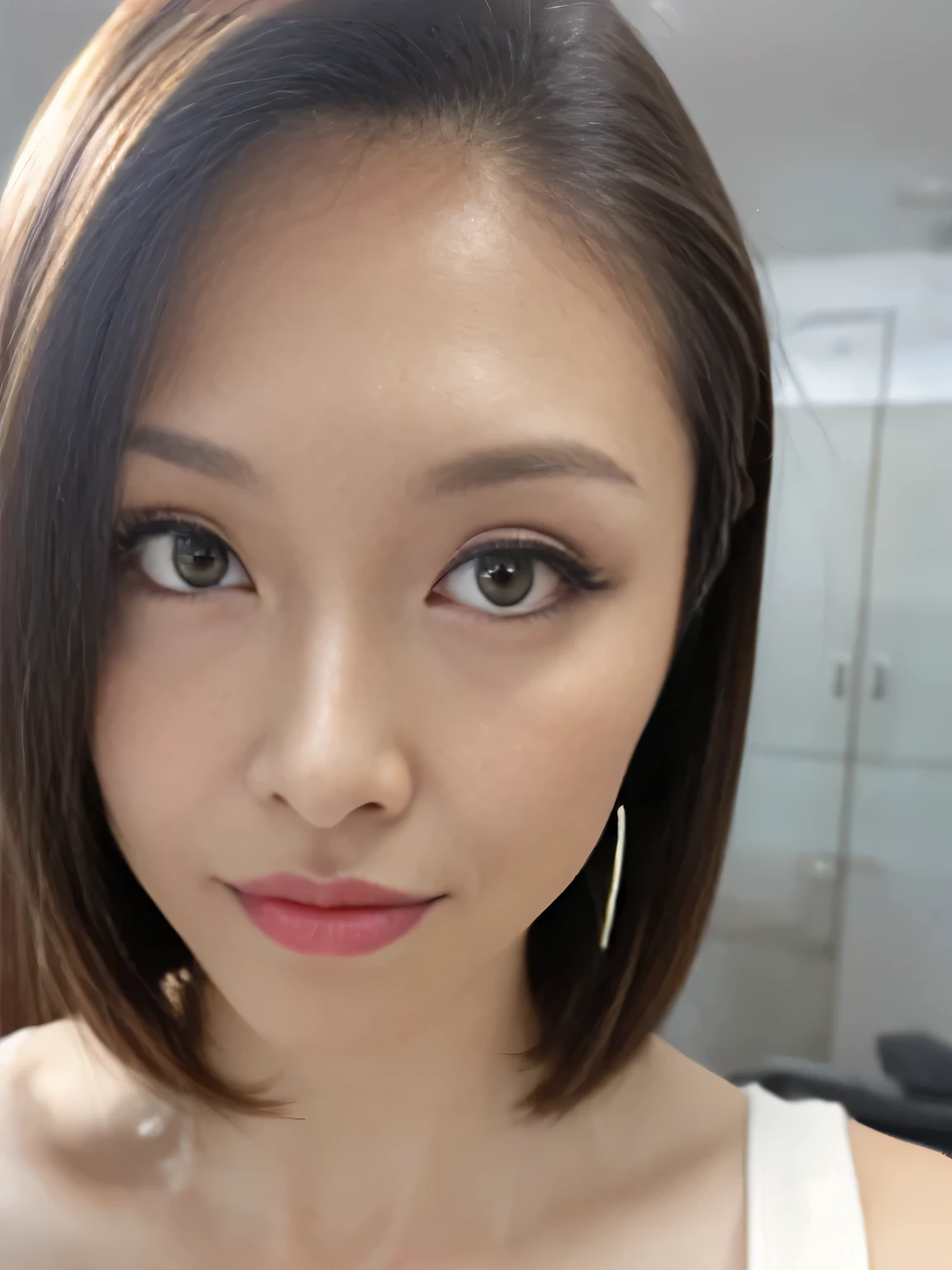 A surprised 38-year-old Japanese woman、(Close-up of face:1.4)、Open your mouth、Eyes wide open and surprised、Hoop Earrings, Brown Hair, short hair,  hair slicked back, Perfect Makeup、eyeliner, eye shadow, Lip gloss, Depth of written boundary, uhd, Skin Texture, Super Detail, High Detail, Highest quality, 16K