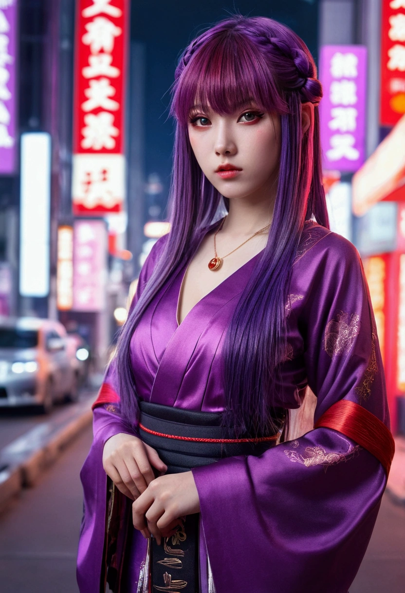 1girl, blunt bangs, braid, wide sleeves, hair ornament, japanese clothes, red obi, (purple hair:1.2), very long hair, straight hair, looking at viewer, highly detailed background, (photo realistic:1.2), detailed eyes, red eyeshadow, depth of field,thigh, (ulzzang-6500:0.7), upper body, (solo:1.2), (cyberpunk city:1.1), cleavage, (finger on lips:1.1),Shiny skin