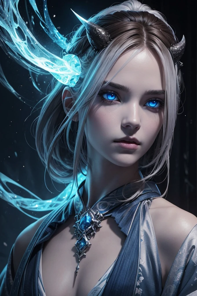 I want a man with white skin, with eyes covered in a demonic blue aura, I want him to have a hateful expression and dark, firm brown eyes, and a blue demonic aura with a trace of ice on his skin that surrounds his entire being, This man has two white horns that are embedded in blue flames and will have short BROWN hair and wear a silver chain around his neck, pink lips with small traces of ice, will wear a gray and blue kimono with radiant white crystals, appear to be at least 19 years old. captured in an ultra-realistic full HD 4K portrait, detailed texture showing its menacing shape, Immersive atmosphere, high definition shadow play, digitalpainting, nevoa no environment. I want a different monster from each other and make the image darker, obscure, creating a dark and dimly lit horror atmosphere!