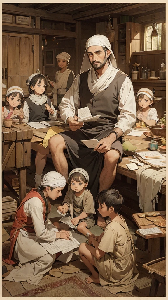 Manwa drawing of a father and his 9 children
