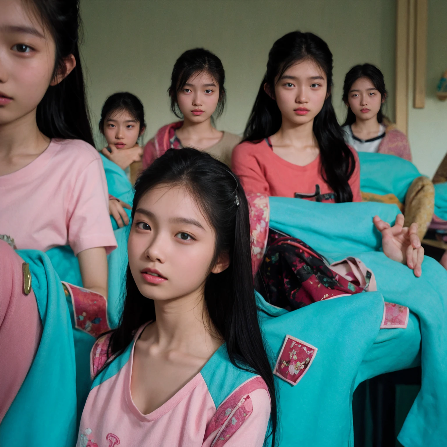 Vogue style photo shoot group of malay teenage girl as a korean girl singing group with pastel colored background in Wes Anderson style, Ultra-realistic photos, Wes Anderson style, whole body, 8k, Close-up shot, Extreme close-up photo