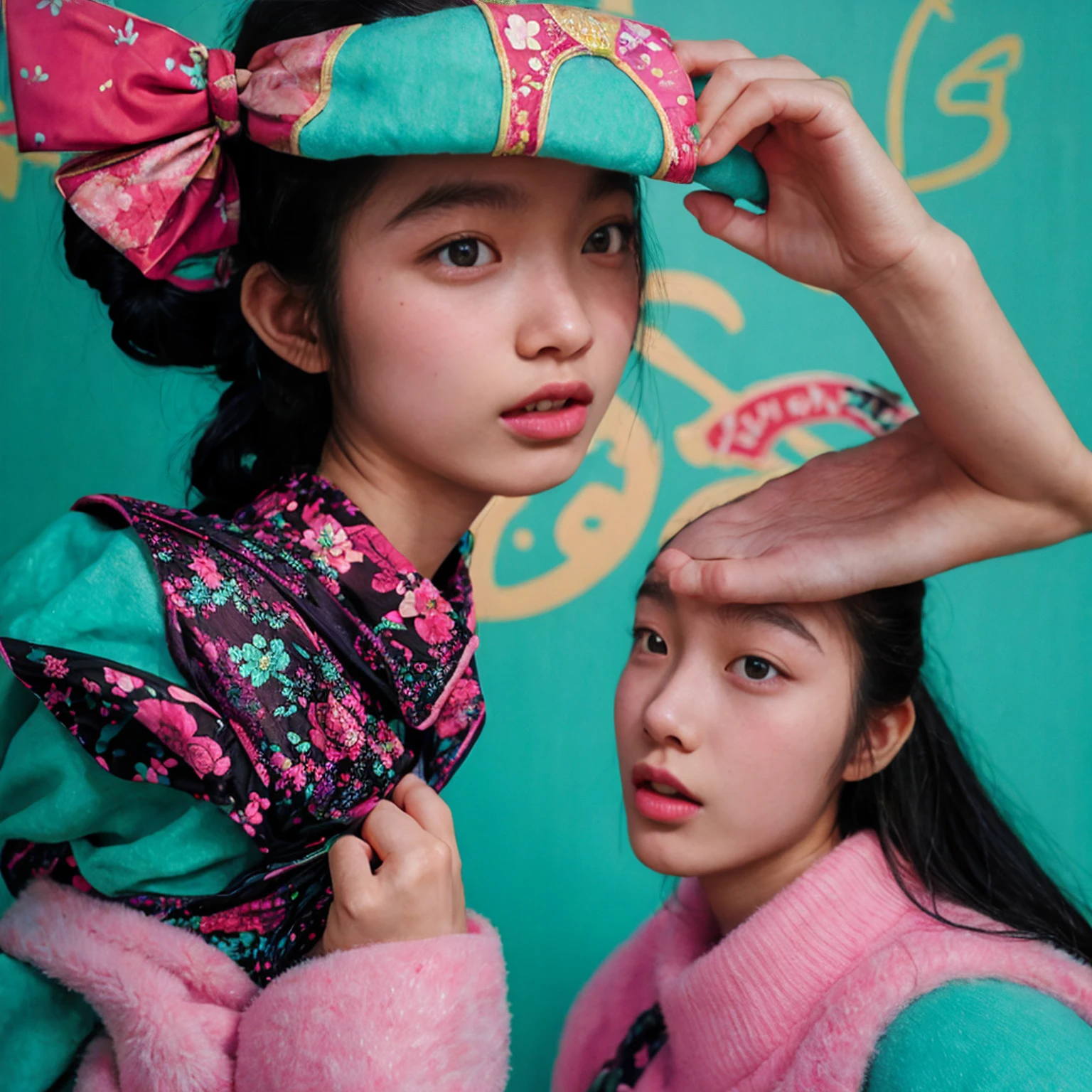 Vogue style photo shoot group of malay teenage girl as a korean girl singing group with pastel colored background in Wes Anderson style, Ultra-realistic photos, Wes Anderson style, whole body, 8k, Close-up shot, Extreme close-up photo