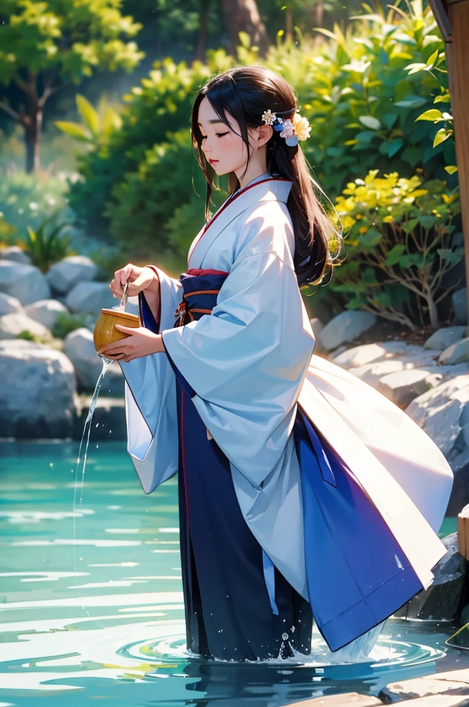 A beautiful woman in a kimono pours water over her head to hydrate in the hot sun