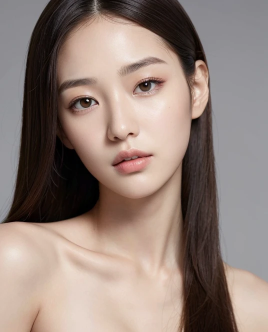 ((best quality)), ((masterpiece:1.3)), (detailed), (Photorealsitic:1.4), (golden ratio face) , (named YUNA_LEE), ((Double Eyelids)), (korean), (Slender girl), 1 girl, korean, kpop, 21 years old, long black straight hair, (symmetrical) (hazel) eyes, pale detailed skin with pores, skinny and athletic boddy, 38B bra size, Slender Abs: 1.2, Narrow waist, Masterpiece, Top Quality, 8k, UHD. (BREAK). Looking at the viewer, close portrait, profesional photo studio gray background, bokeh,