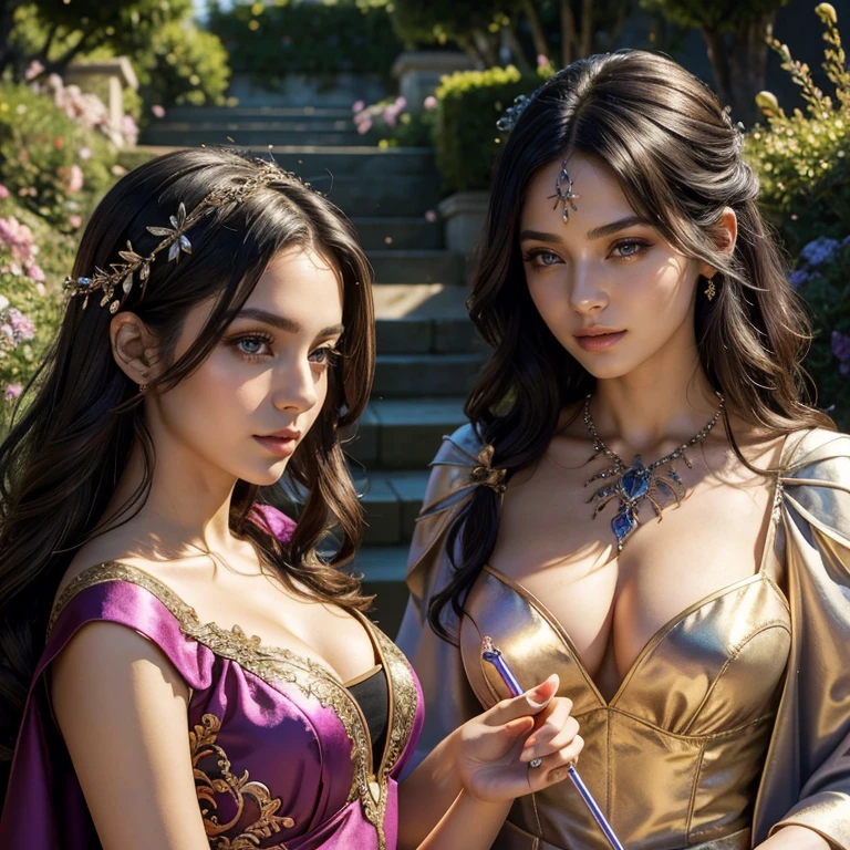 (masterpiece, best quality:1.5), highest quality, High resolution, super detailed, Realists, Upper body photo of a sorceress, black hair, detailed and beautiful eyes, beautiful detailed lips, very detailed eyes and face, longeyelashes, shiny satin dress, Holding a wand in your hand and performing a transformation spell, Magic wands present and shiny, Beautiful and colorful makeup, elegant and noble々The jewelry bag, Gardens as background, soft daylight, bright colors, fine brushstrokes, Portrait style, Silk dress fabric, beautiful color palette, glowing skin, First-class rendering, that captures every detail, enchanting atmosphere, subtle shadows and lights, (perfect anatomy:1.2), (The two stunning sorceresses perform magic together (a transformation with the magic wand:1.4), (magnificent panorama view:1.2)
