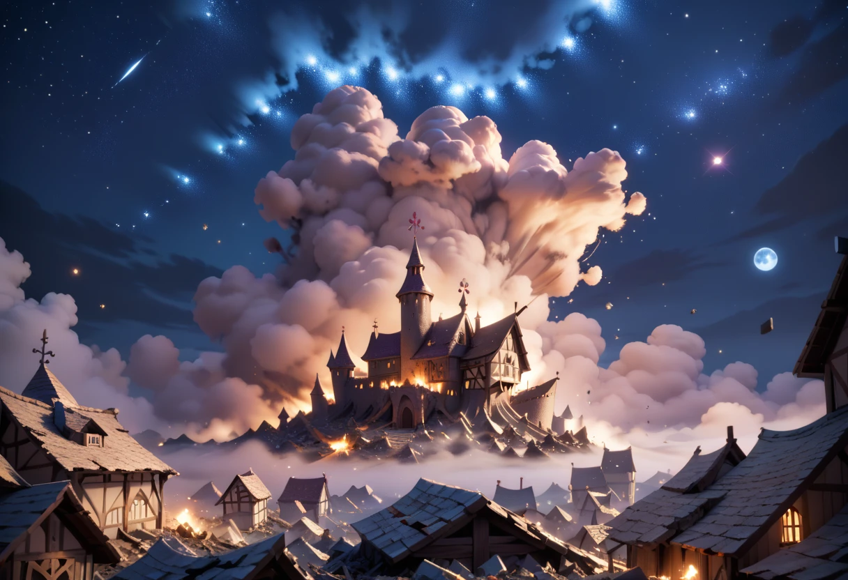 nighttime, midnight, stars, starry sky, at night, Medieval destroyed village, debris, destroyed medieval town, destruction, foggy atmosphere, masterpiece quality, ultra HD, 4K, best quality