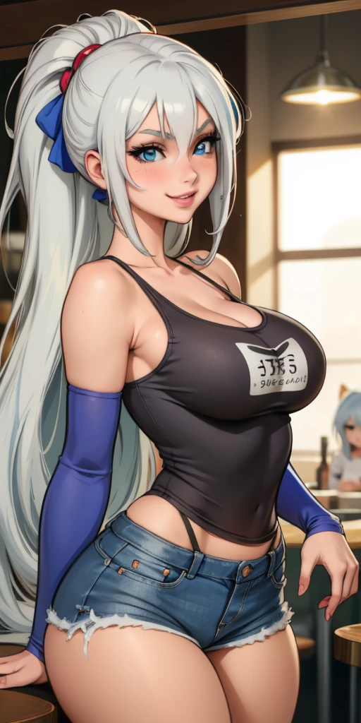 Anime girl, blue eyes, silver hair, muy voluptuosa, teen, big breast, shy smile, wallpaper, beautiful tank top, long sleeves, beautiful medium denim shorts, strap, breasts bounce, cafeteria, tables, 