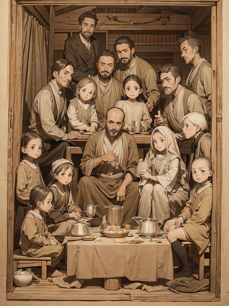 Manwa drawing of a father and his 9 children