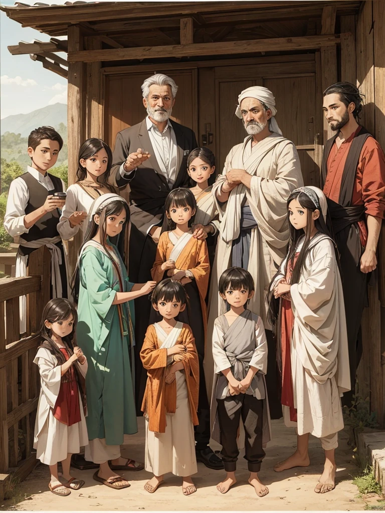 Manwa drawing of a father and his 9 children