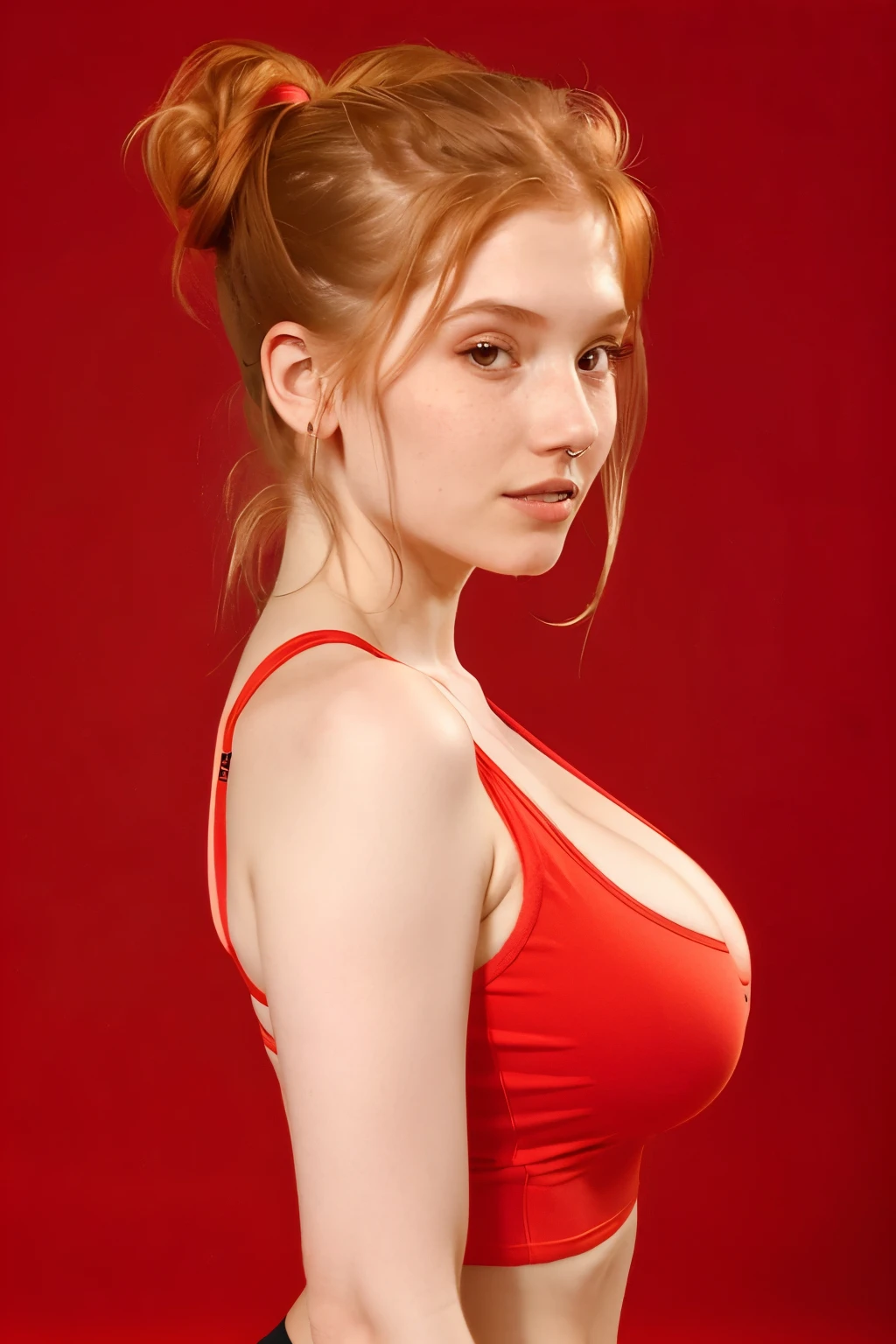  katyasitak ginger with bun hair and huge bust and red tight tank top, cold background