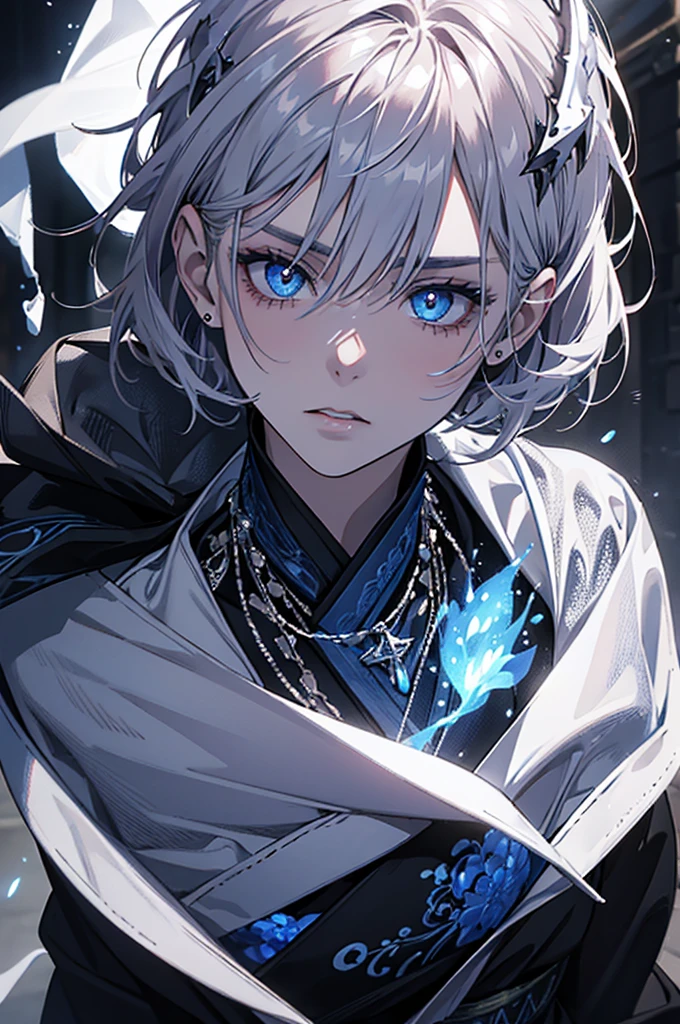 I want a man with white skin, with eyes covered in a demonic blue aura, I want him to have a hateful expression and dark, firm brown eyes, and a blue demonic aura with a trace of ice on his skin that surrounds his entire being, This man has two white horns that are embedded in blue flames and will have short brown hair and will wear a silver chain around his neck., pink lips with small traces of ice, will wear a gray and blue kimono with radiant white crystals, appear to be at least 20 years old. captured in an ultra-realistic full HD 4K portrait, detailed texture showing its menacing shape, Immersive atmosphere, high definition shadow play, digitalpainting, nevoa no environment. I want a different monster from each other and make the image darker, obscure, creating a dark and dimly lit horror atmosphere!
