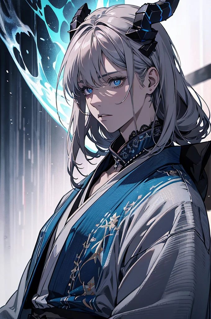 I want a man with white skin, with eyes covered in a demonic blue aura, I want him to have a hateful expression and dark, firm brown eyes, and a blue demonic aura with a trace of ice on his skin that surrounds his entire being, This man has two white horns that are embedded in blue flames and will have short brown hair and will wear a silver chain around his neck., pink lips with small traces of ice, will wear a gray and blue kimono with radiant white crystals, appear to be at least 20 years old. captured in an ultra-realistic full HD 4K portrait, detailed texture showing its menacing shape, Immersive atmosphere, high definition shadow play, digitalpainting, nevoa no environment. I want a different monster from each other and make the image darker, obscure, creating a dark and dimly lit horror atmosphere!