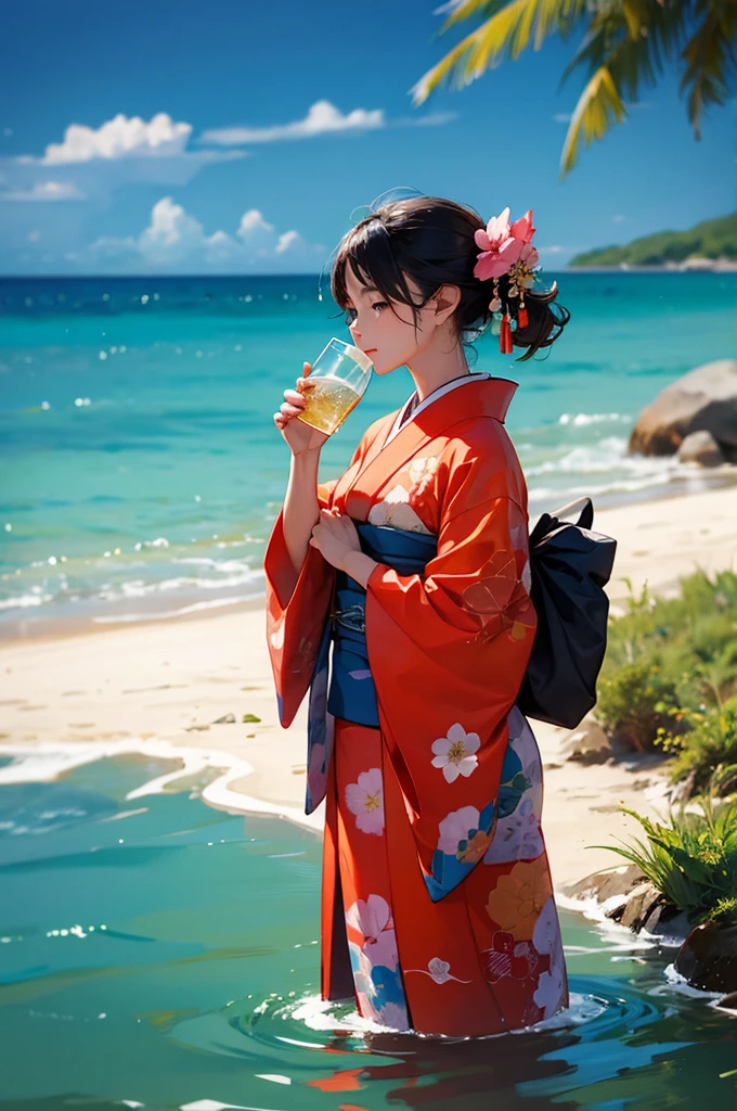 A beautiful woman in a kimono drinking water in the hot sun