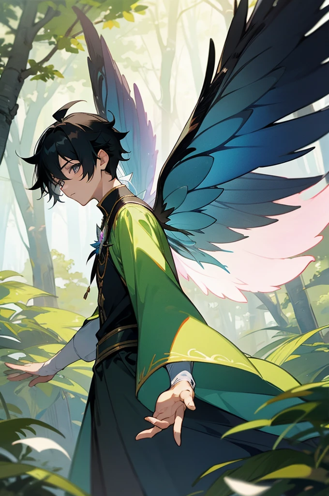 male, Fairy Wings, Dress, Forest Background, Black Hair