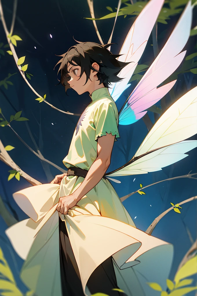 male, Fairy Wings, Dress, Forest Background, Black Hair